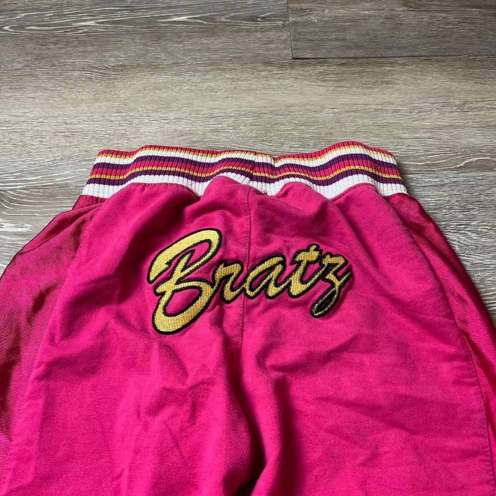 Bratz Track Pants Girls M 7/8 Pink Embroidered Logo Y2K Satin Stripe Joggers